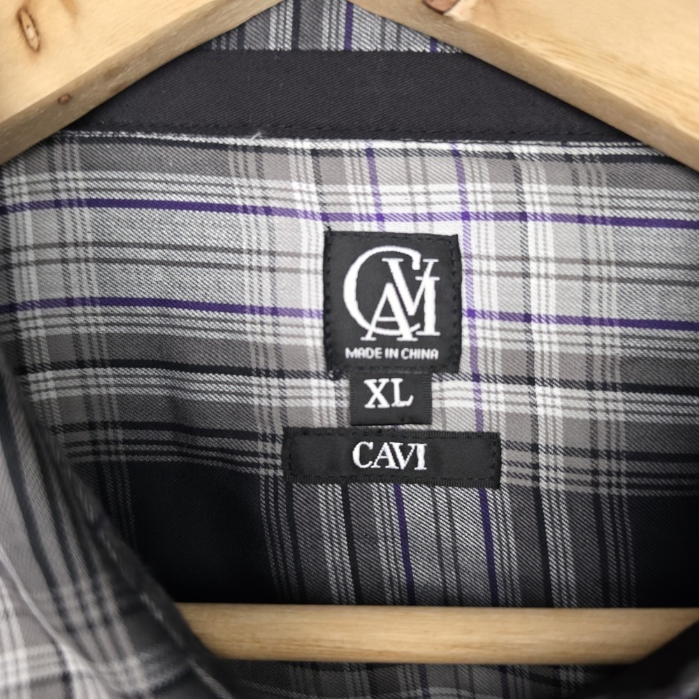 Cavi Shirt Mens XL Black Purple Plaid Button Up Snap Long Sleeve Pocket Casual - Picture 8 of 8